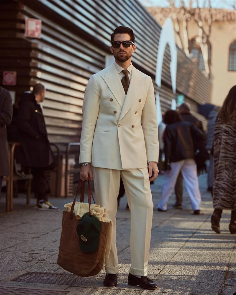 Costume Beige pour homme, 2 pièces, Blazer + pantalon, smoking formel de mariage, veste croisée pour bal de promo, sur mesure