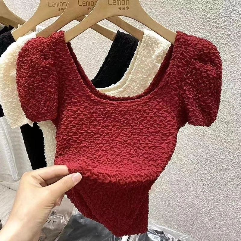 

Women Clothing Solid All-match Vintage T Shirts Short Sleeve Youth Loose Pleated Fashion Tops Tees Summer Casual Korean Trend