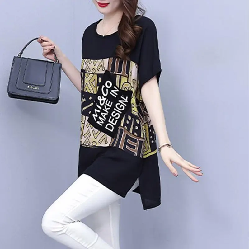 Female Clothing Printed Stylish Letter Pockets Patchwork Pullovers Casual Loose Split All-match Summer Korean Round Neck T-shirt