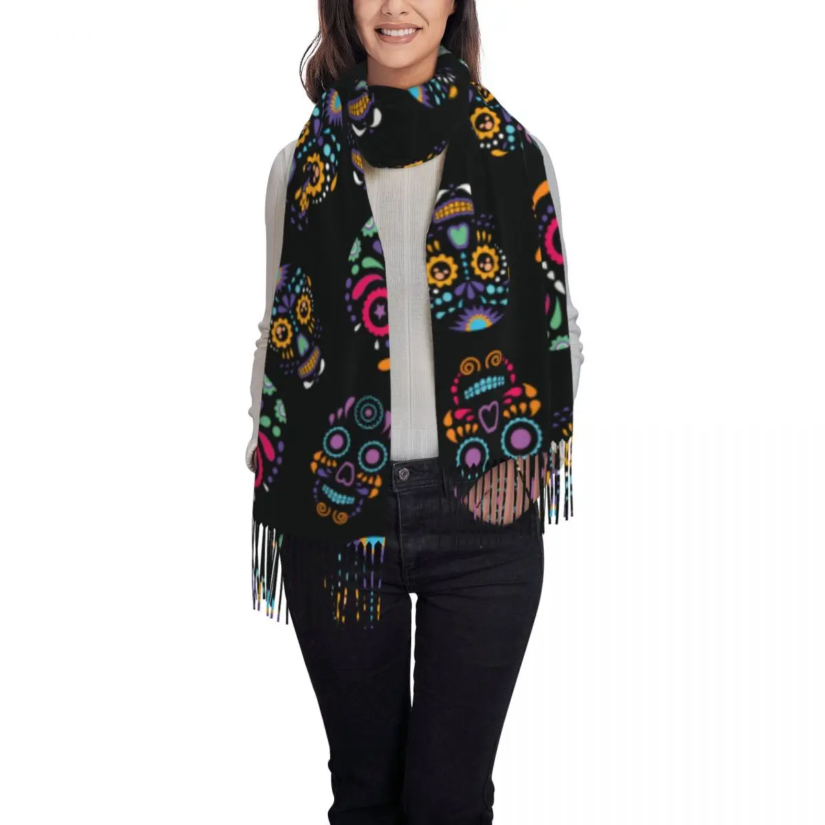 Womens Day Of The Dead Colorful Sugar Skull Accessories Cashmere Scarf Dia De Muertos Calavera Pashmina Shawls and Wraps Scarves