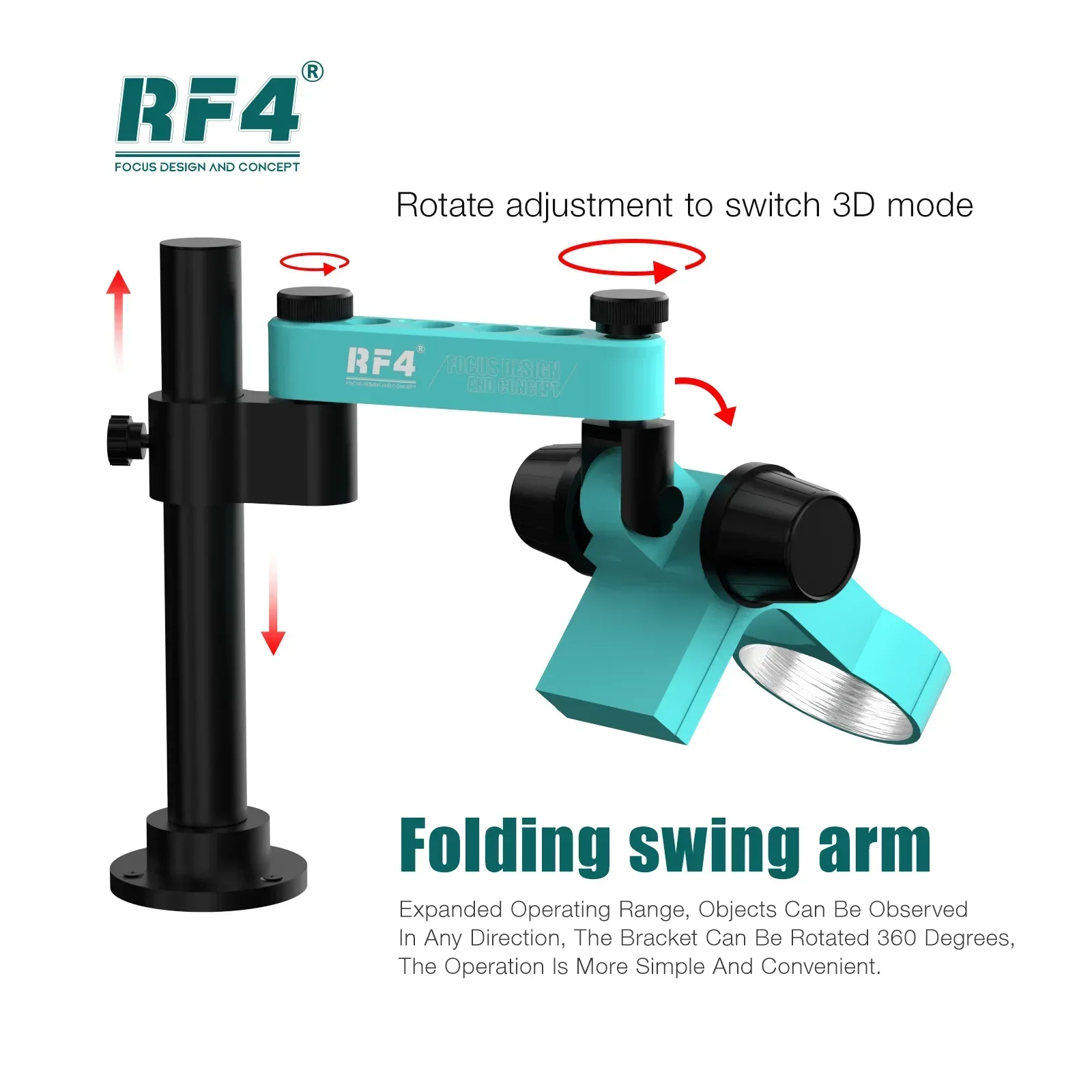 RF4 Rotatable Arm Microscope Gear Bracket Holder 76mm Diameter Adjustable Focusing Holder Stand For Stereo Trinocular Microscope