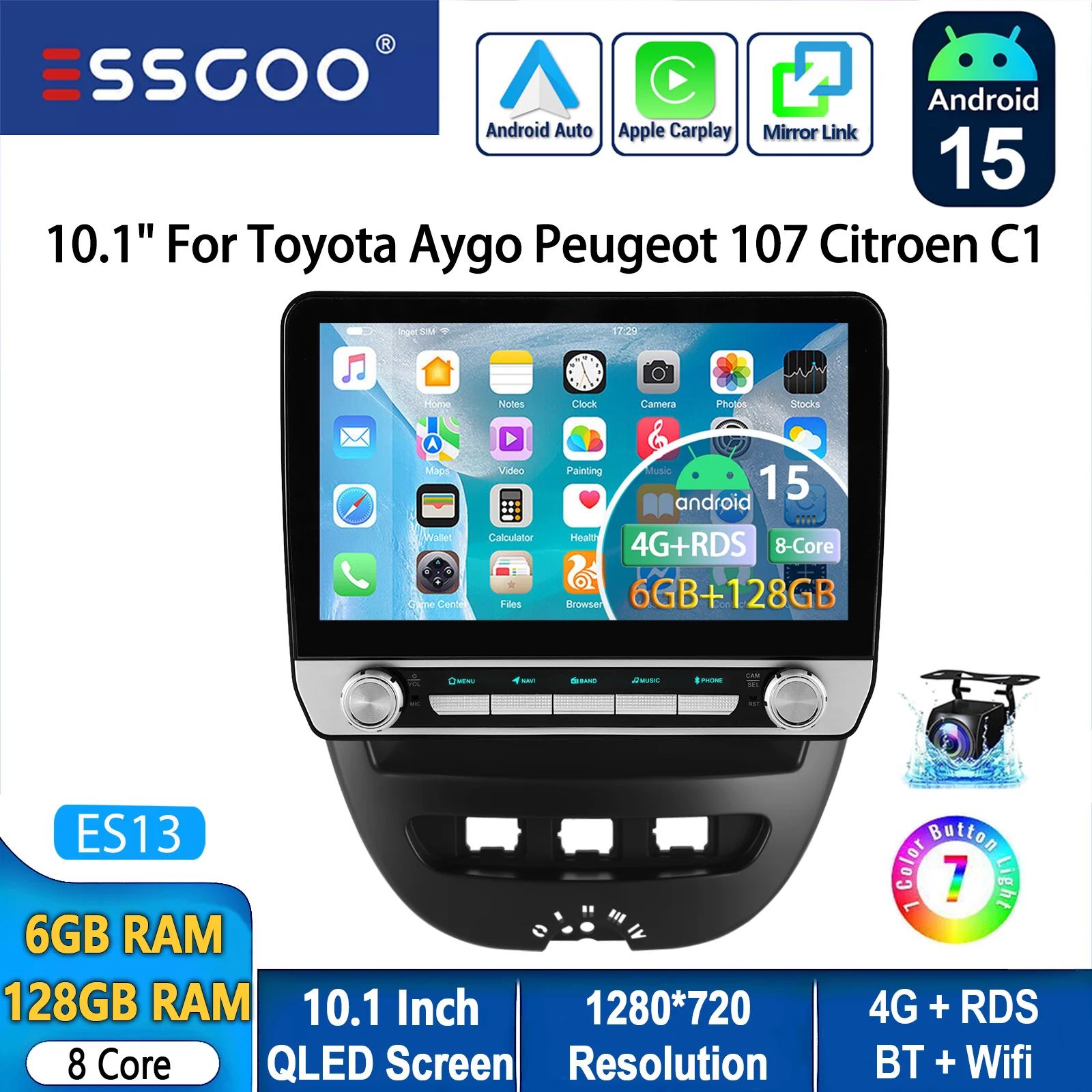 Autoradio ESSGOO Android 15 10.1 Inch 6+128 GB voor Toyota Aygo Peugeot 107 Citroën C1 Draadloze CarPlay Android Auto GPS Navigatie 4G FM AM BT RDS Stuurwielbediening Mirror Link QLED Touchscreen