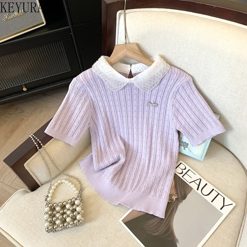 2024 Spring/Summer Short Sleeve Sweater Women Knit T-shirts Gentle Lace Peter Pan Collar Slim Fit Pullover Knitwear Crop Tops