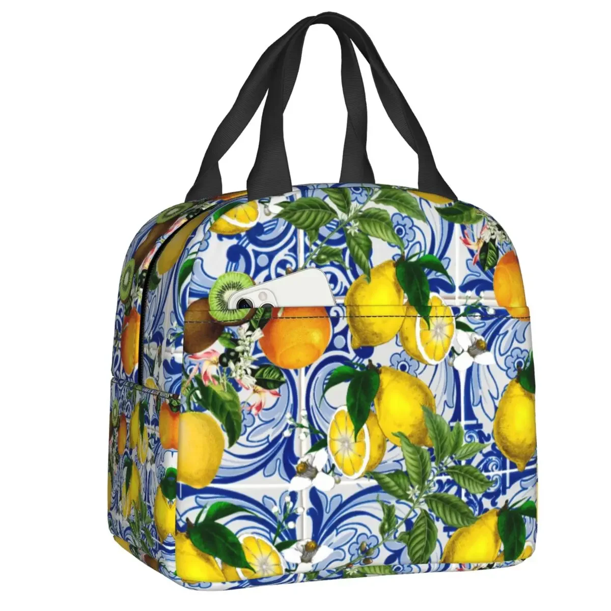 Mediterranean Lemon On Blue Ceramic Tiles Insulated Lunch Bag Leakproof Summer Citrus Fruit Thermal Cooler Lunch Tote Beach