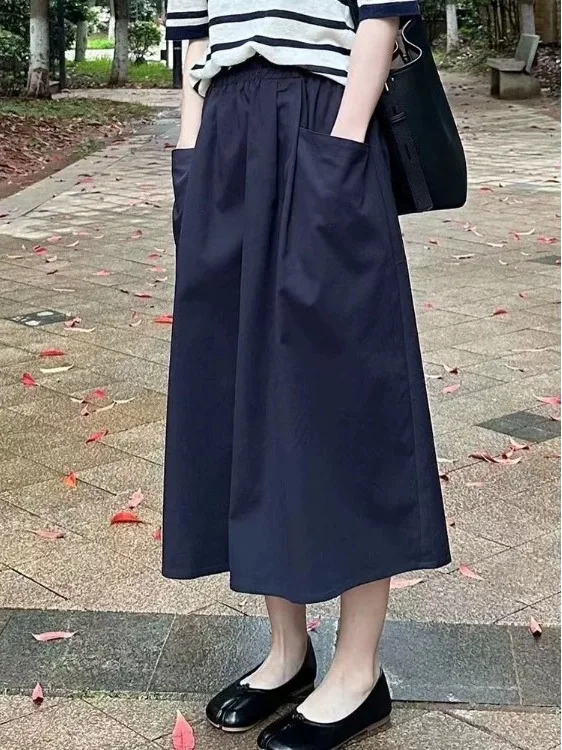 

Summer 2026 New Style Slimming Cotton Linen A-Line Skirt with Vertical Pockets High Waist Elastic Waist Pure Color Workwear f...