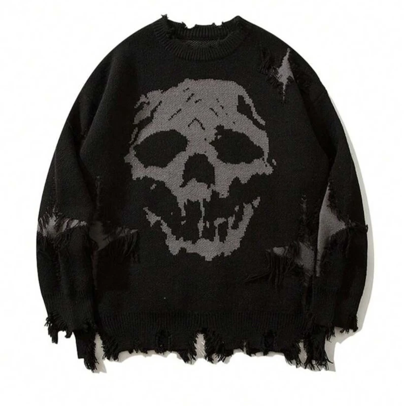 

Y2k Round Neck Long Sleeved Knitted Sweater Vintage Streetwear Dark Cry Skull Jacquard Pattern Top Sweatshirt Winter Outfit Ootd