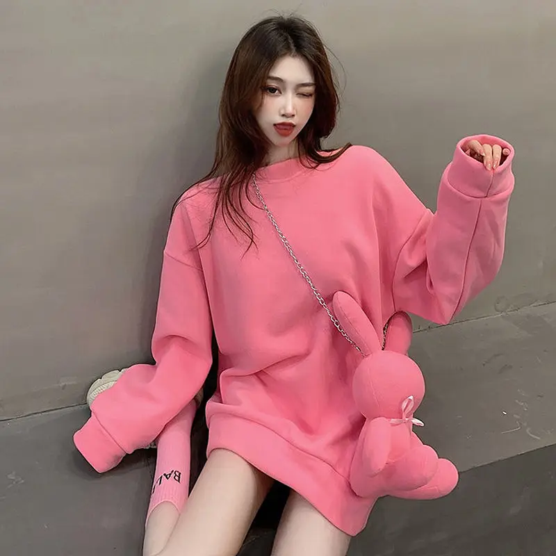 DAYIFUN-Pink Round Neck Hoodies for Women Thick Medium Length Sweatshirts with Rabbit Decoration Female Casual Long Sleeve Tops