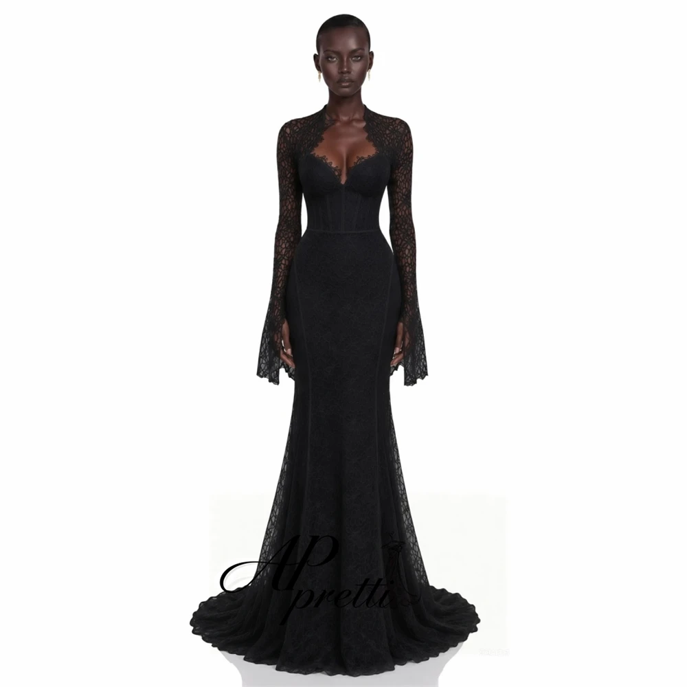 AP pretti Exquisite Black Lace Floor Length Evening Dress Customized High Neck Deep V Flare Long Sleeve Mermaid Party Gown 2027