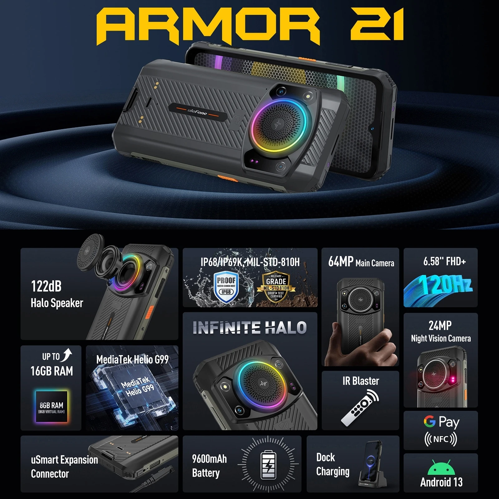 Ulefone Armor 21 8GB + 256GB هاتف متين للرؤية الليلية 9600mAh 6.58 بوصة أندرويد 13 Helio G99 NFC 4G الهاتف الذكي الإصدار العالمي