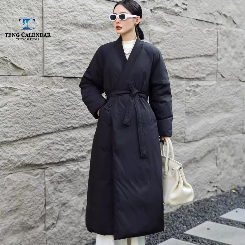 Winterdonsjack, hoogwaardige knielengte luie stijl taille cinched witte eendendonsjas, dames 2025, nieuwe stijl