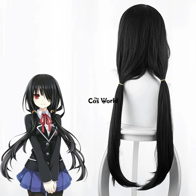 Date a Live Tokisaki Kurumi-pelucas de Cosplay de Anime, color negro, 80cm de largo y liso, pelo sintético de fibra resistente al calor + gorro de peluca