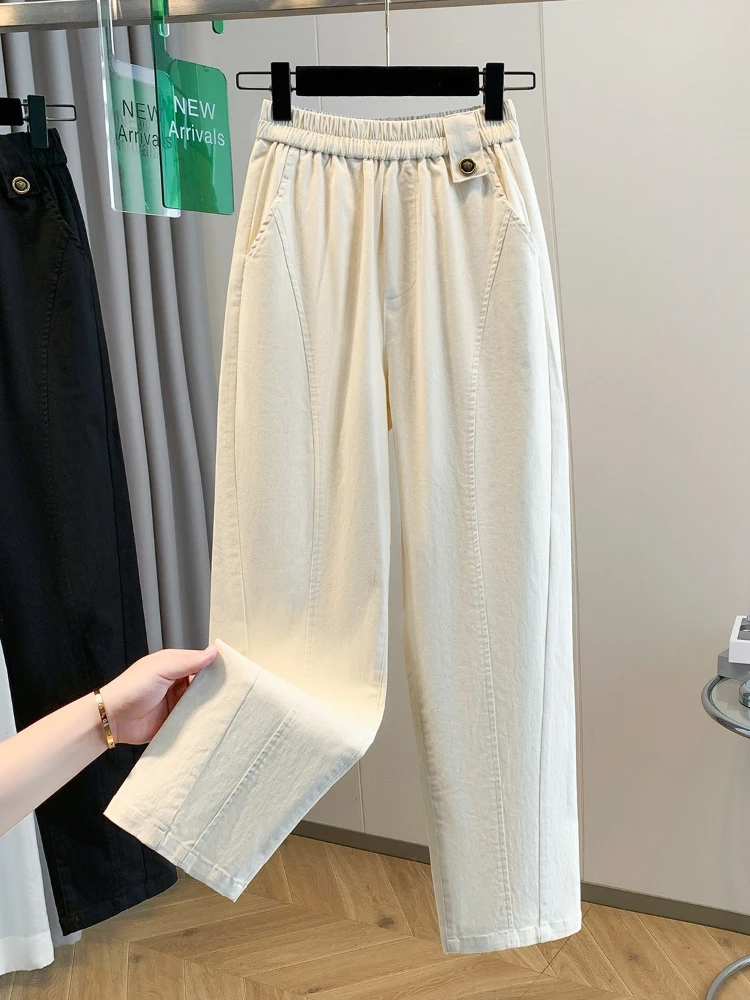 

New women's elastic high waisted Harun pants spring new solid color casual commute versatile nine cropped straight leg pants