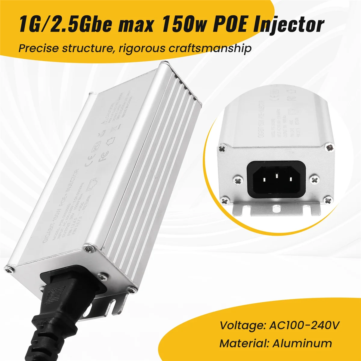 

For GEN2/GEN3 150W 2.5Gbe AC Power Supply POE Injector 100-240Vdc Input 48-57V Output EU Plug