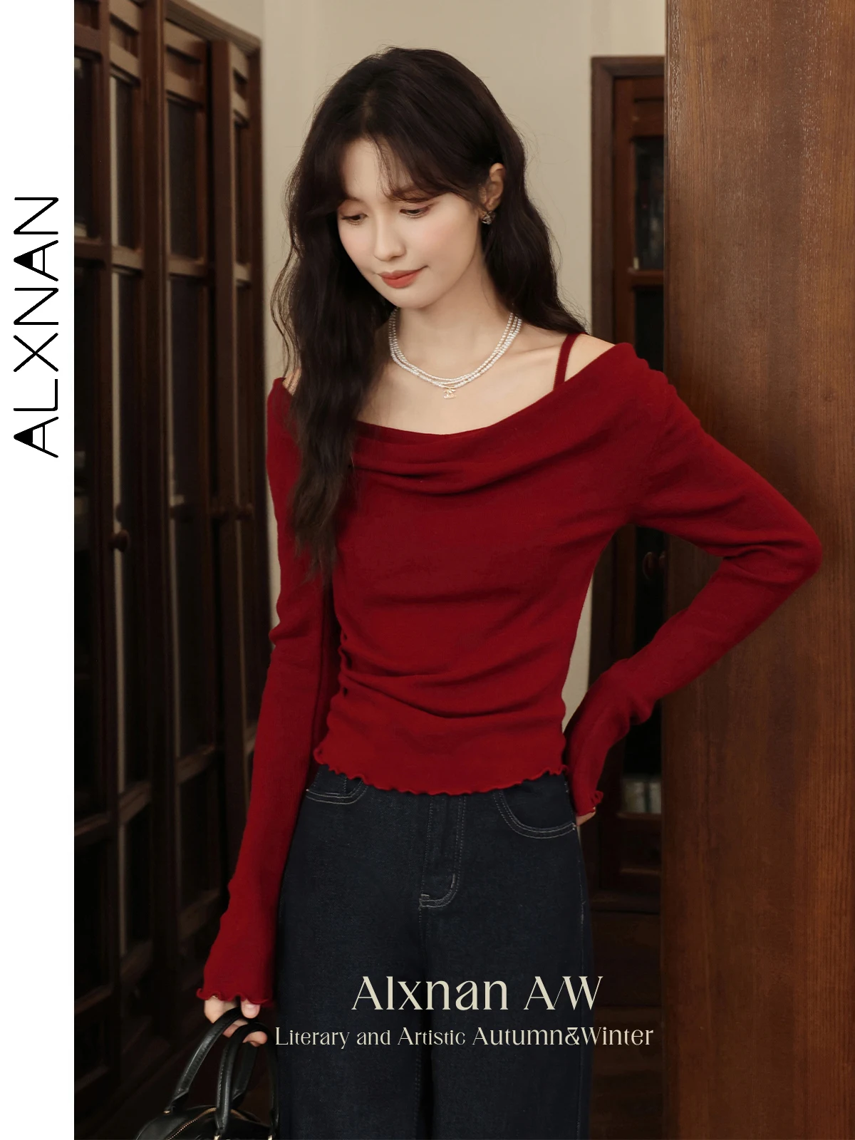 

ALXNAN женский красный свитер с открытыми плечами, шерстяной вязаный свитер с длинными рукавами, осень 2022, модные облегающие женские топы L507105