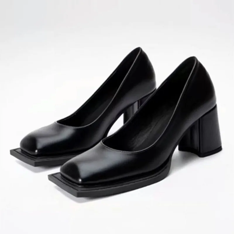 Escarpins de luxe de styliste pour femmes, chaussures Sexy à bout carré et à talons épais, talons hauts, en cuir souple noir, chaussures de soirée élégantes pour femmes