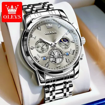 OLEVS top brand men's watches classic three-eyes style stainless steel Quartz watch waterproof luminous moon phase wristwatch