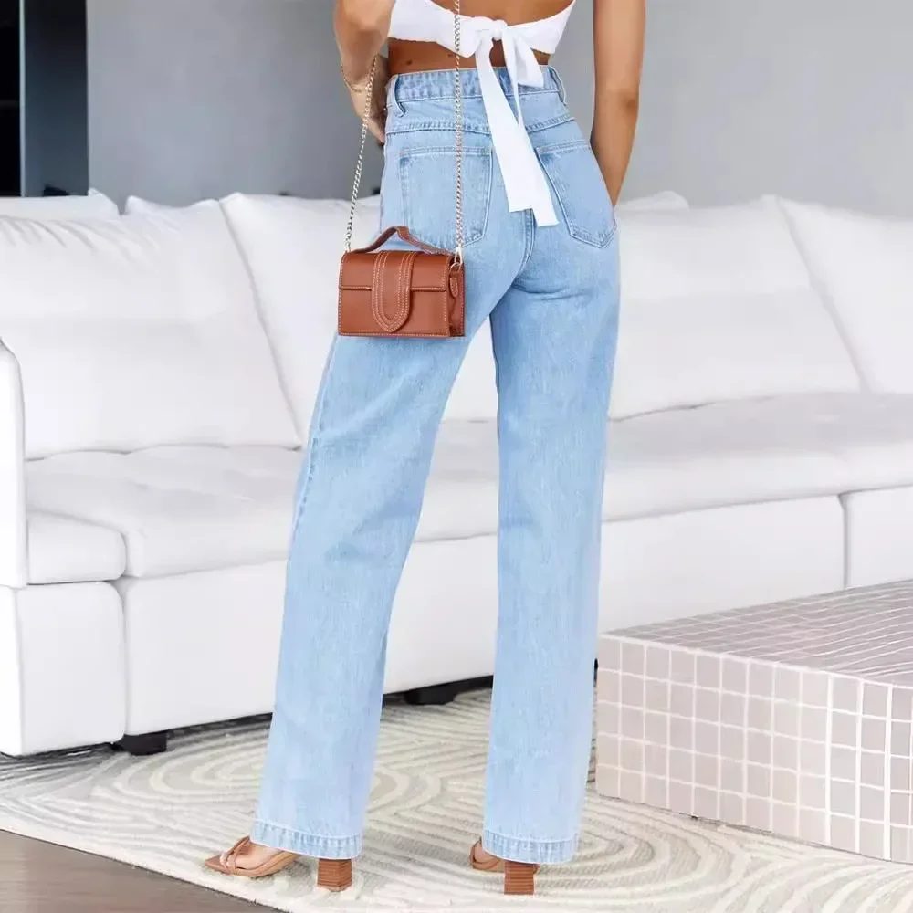 Zekye Summer Vintage High-waist Distressed High Waisted Jeans Flared Jeans Women's Blue Pants Flared Jeans 2024 New Fashion