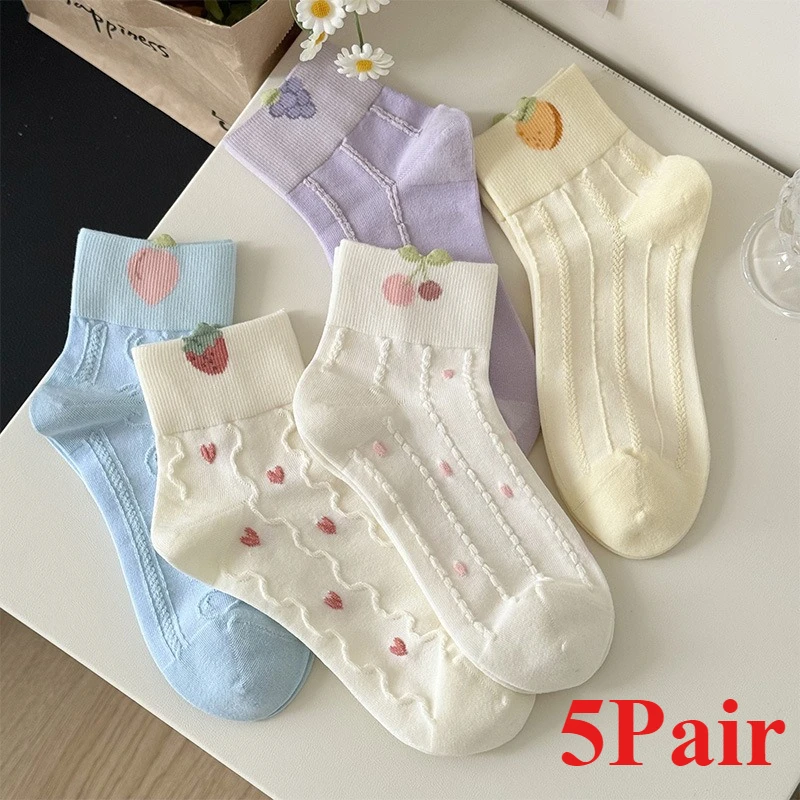

5 Pairs of Spring and Summer Seasons Japanese Short Casual Women's Socks Lace Comfortable Breathable Mid-calf Women's Socks