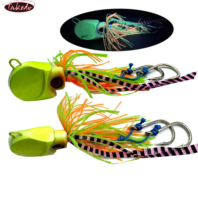 TAKEDO 80G 100G 120G Octopus Fishing Lure Metal Jig Head Trolling Lures Tuna Jigbait Rubber Skirt Bait With bk*Assist Hook