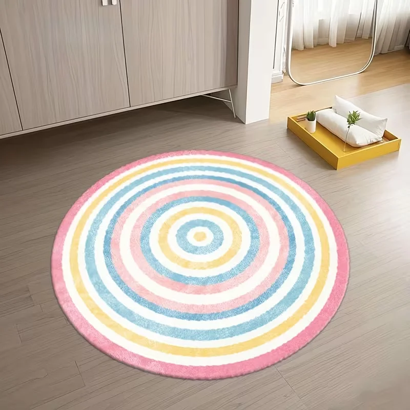 Macaron Rainbow Concentric Circle Round Rug Pastel Striped Print Non Slip Circular Mat for Bedroom Playroom Home Decor