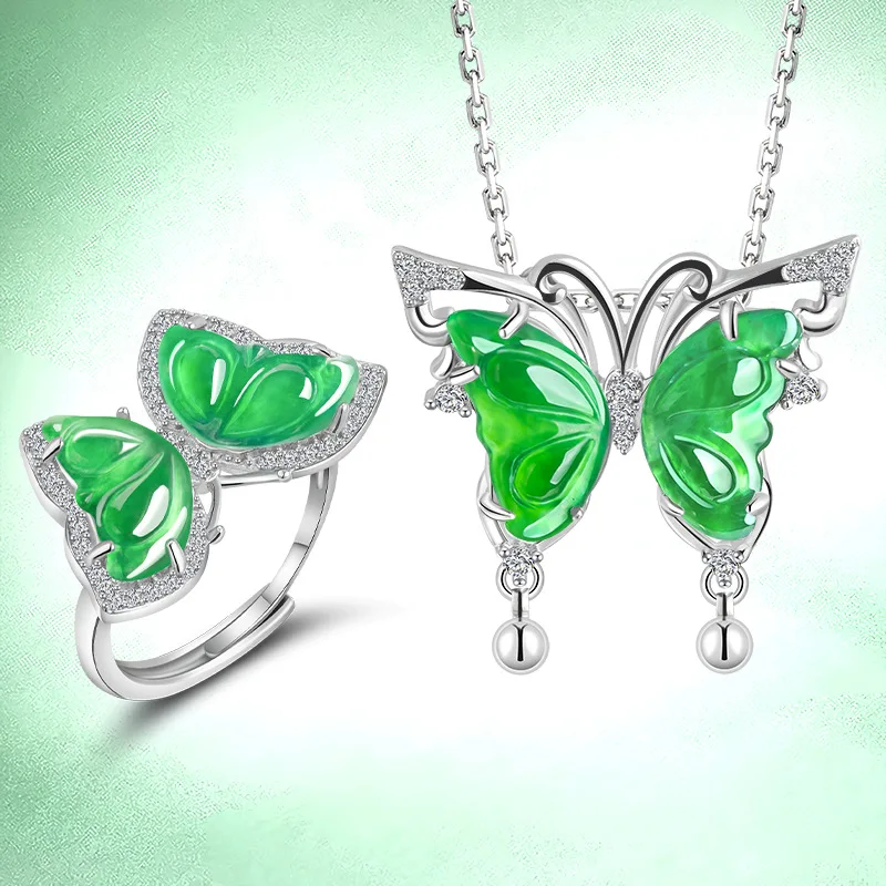 

Genuine Natural A-goods Jadeite Yang Green Butterfly Pendant Ice Jade S925 Silver Women's Fashion Charm Ring Pendant Set