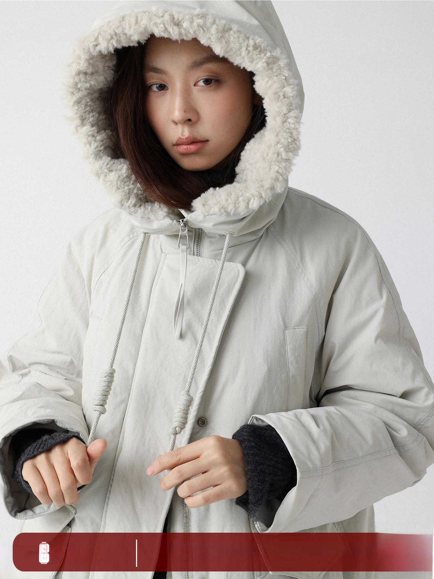 

Lowcalorie White Du down Jaet with Lamb Fur Hooded Parka Warm Thiened Long Sve Zipper Closure Pure Color