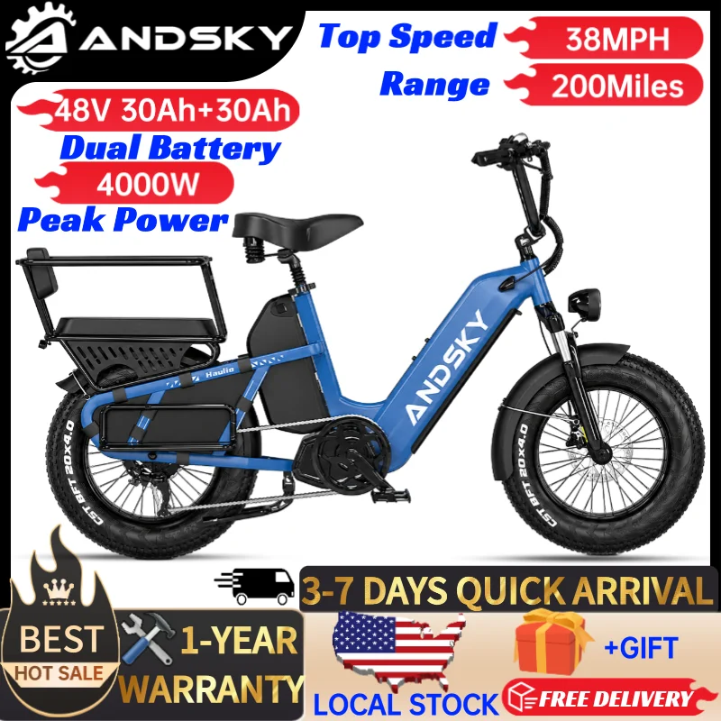 ANDSKY Haulio S Cargo Electric Bike 200Miles Extremely Long Range E-bike 4000W Power 38MPH 48V 30Ah+30Ah Dual Battery 20×4in Puncture-Resistant Fat Tires Electric Bicycle