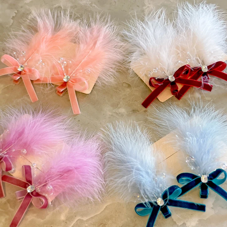 2PCS New Fashion Feather Velvet Bow Hair Clips Gilr Hairpins Hair Accessories Lovely Barrettes For Kid Headdress