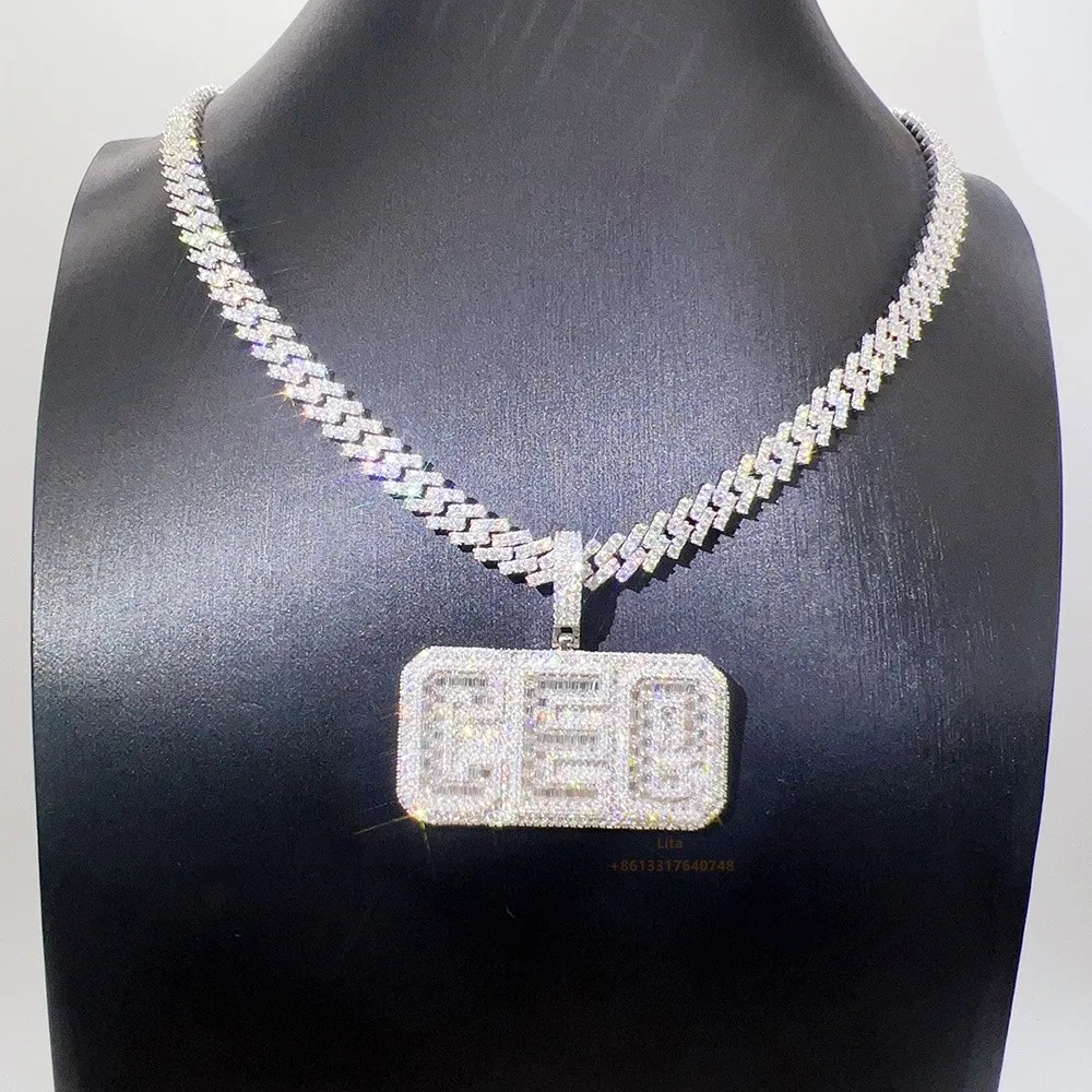 Collana con ciondolo lettera iniziale CEO personalizzata 925 argento Vvs Baguette Moissanite gioielli Hip Hop catena di diamanti ghiacciata per uomo