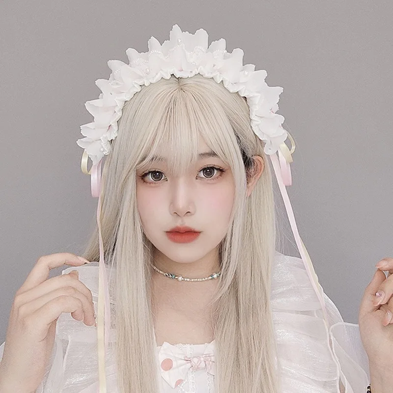 Joli cerceau de cheveux doux avec nœud papillon, bandeau de Cosplay de demoiselle d'honneur, accessoire de couvre-chef à fleurs en dentelle Lolita, fait à la main