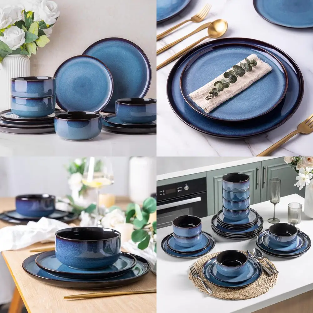 

Наборы керамической посуды на 4 набора фарфоровых тарелок и мисок, набор посуды с реактивной глазурью ручной работы, устойчивый к чипам и царапинам