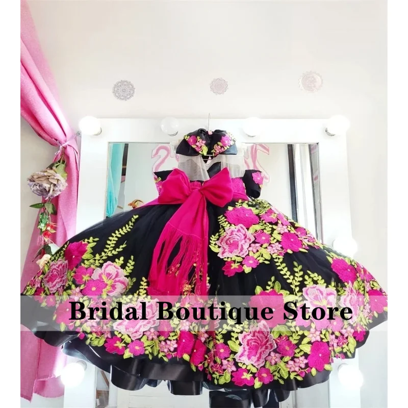 Mexican Charro Dresses Black Embroidered Lace Flower Girl Dress for Wedding Sheer Neck  Girls Pageant Dress Customized
