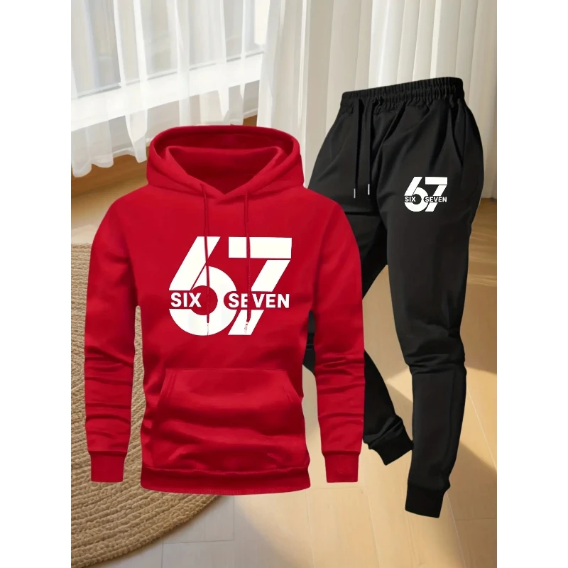 ชุดกีฬาลำลองสำหรับผู้ชาย ฤดูใบไม้ร่วง/ฤดูหนาว ลายพิมพ์ '67' สุดเทรนดี้ ผ้าถัก ทรงหลวม ลายเรขาคณิต