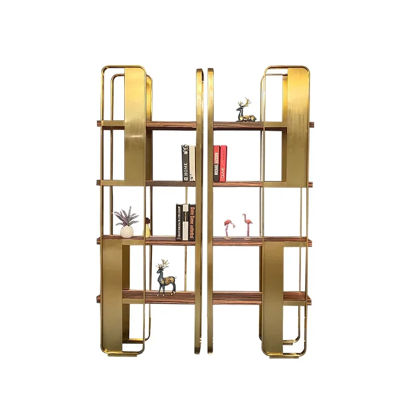 

Легкая роскошная итальянская книжная полка из нержавеющей стали, итальянская дизайнерская простая современная напольная многоярусная декоративная полка из массива дерева.