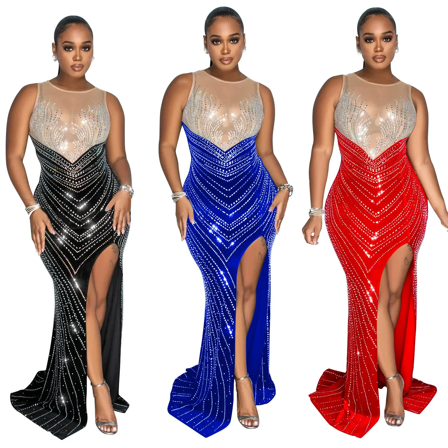 

Women O-neck Sleeveless Mesh Patchwork Diamonds Hot Rhinestones High Side Split Birthday Bodycon Midi Mermaid Maxi Dresses
