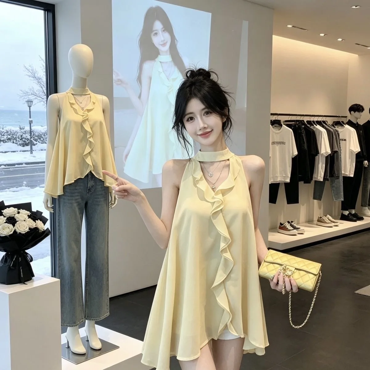 Women's Summer 2026 New Asymmetrical V-neck Sleeveless Chiffon Top Flounce Detail Loose Fit Outerwear Pure Color Polyester