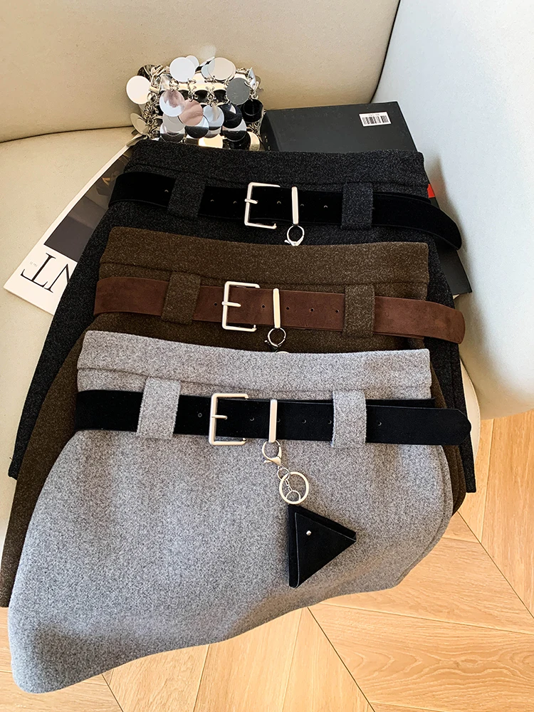

High Waist Belted Woolen Skirt Women's Autumn Winter Faion Retro Sle Bodycon Skirts Anti-Light Walking Skirts