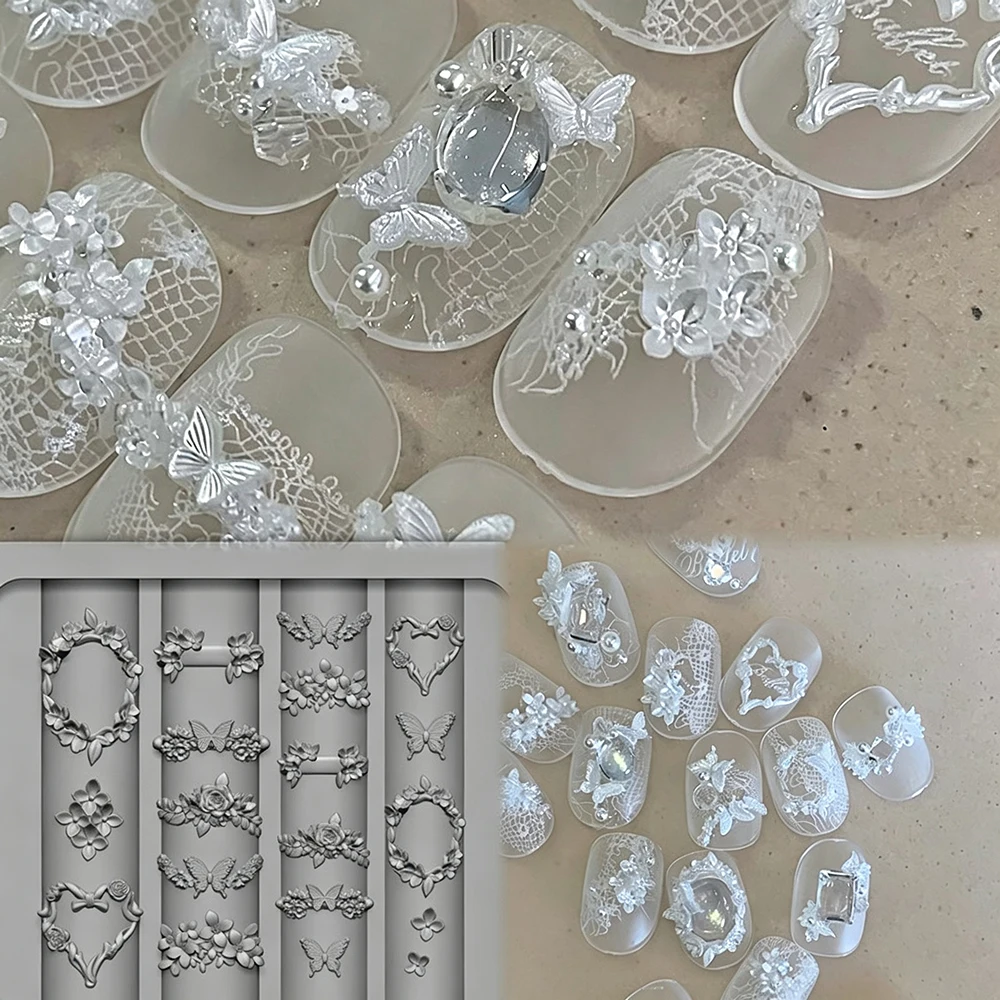 1Pc Transparent 3D Relief Silicone Nail Mold Rose Butterfly Wreath Heart Floral Nails Template Reusable DIY Manicure Charms Tool