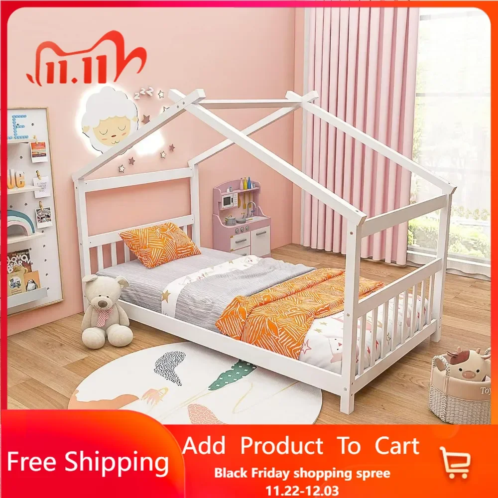 Solid Wood Kids House Bed with Roof, Headboard and Footboard, Low Floor Twin Bed Frame for Toddlers Teens Girls Boys