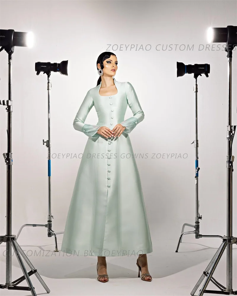 Vestido de fiesta de cumpleaños de manga larga para mujer, vestido de fiesta de graduación con botón verde claro, longitud hasta el tobillo, personalizado, vestidos de ocasión formales de Arabia Saudita