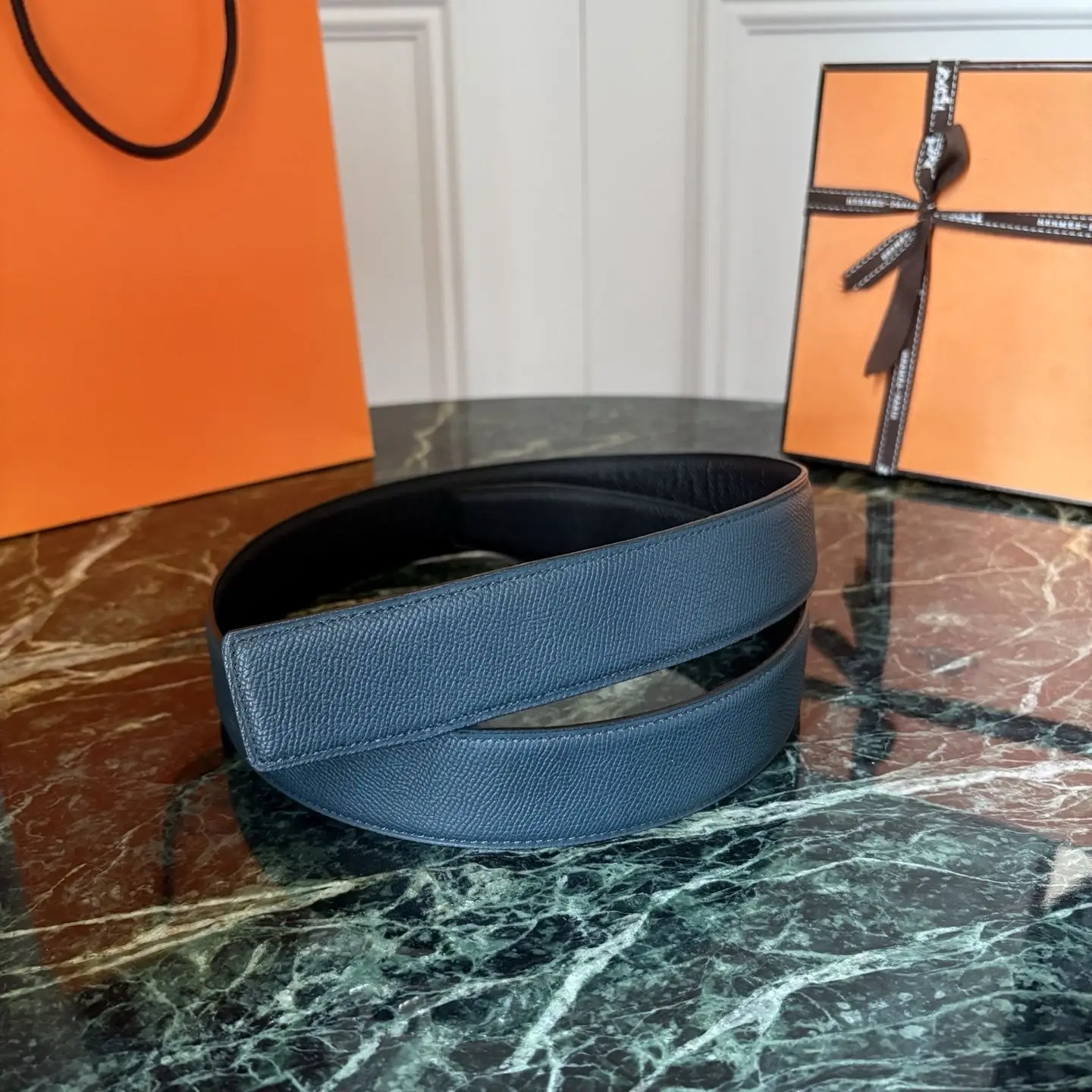 Navy Blue Cross Grain Reversible Belt Strap Unisex Leather Replacement Belt Strap With Fine Stitching No Buckle