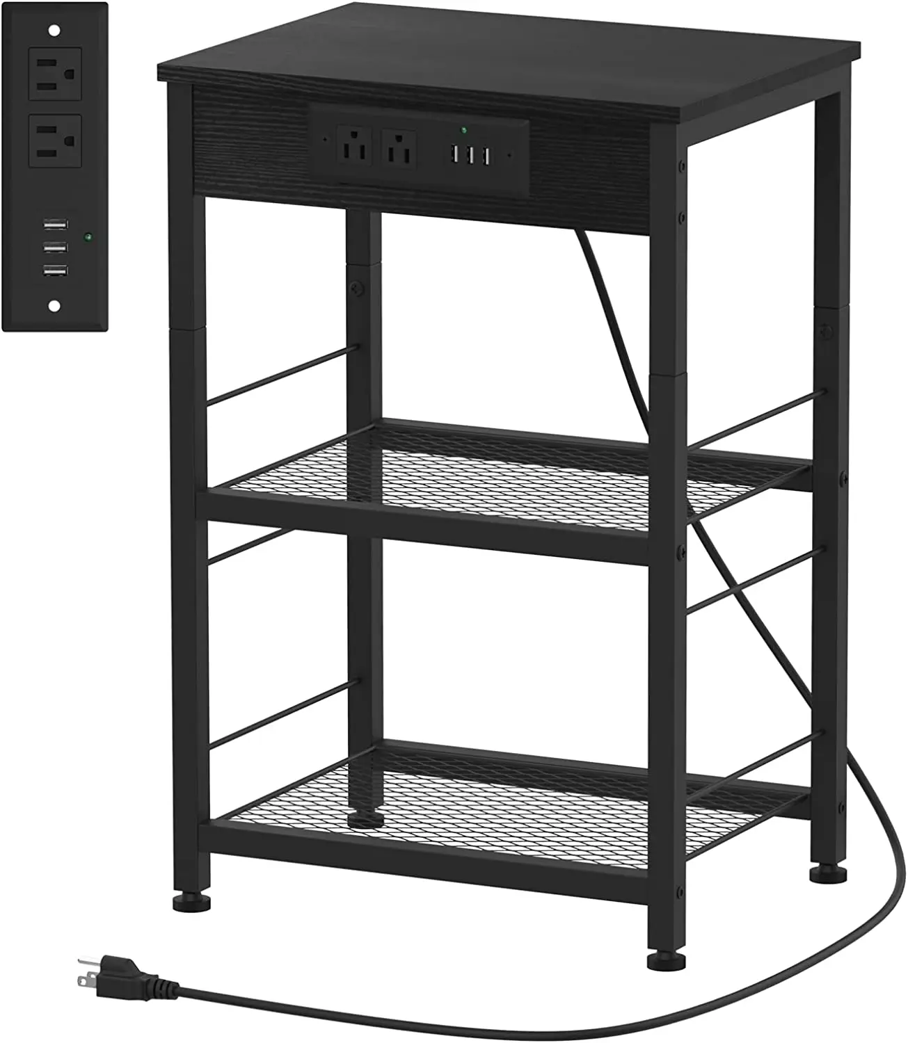 Bedside Table 3-Tier Industrial Nightstand End Side Table w/ USB Ports&Outlets&Storage Shelves