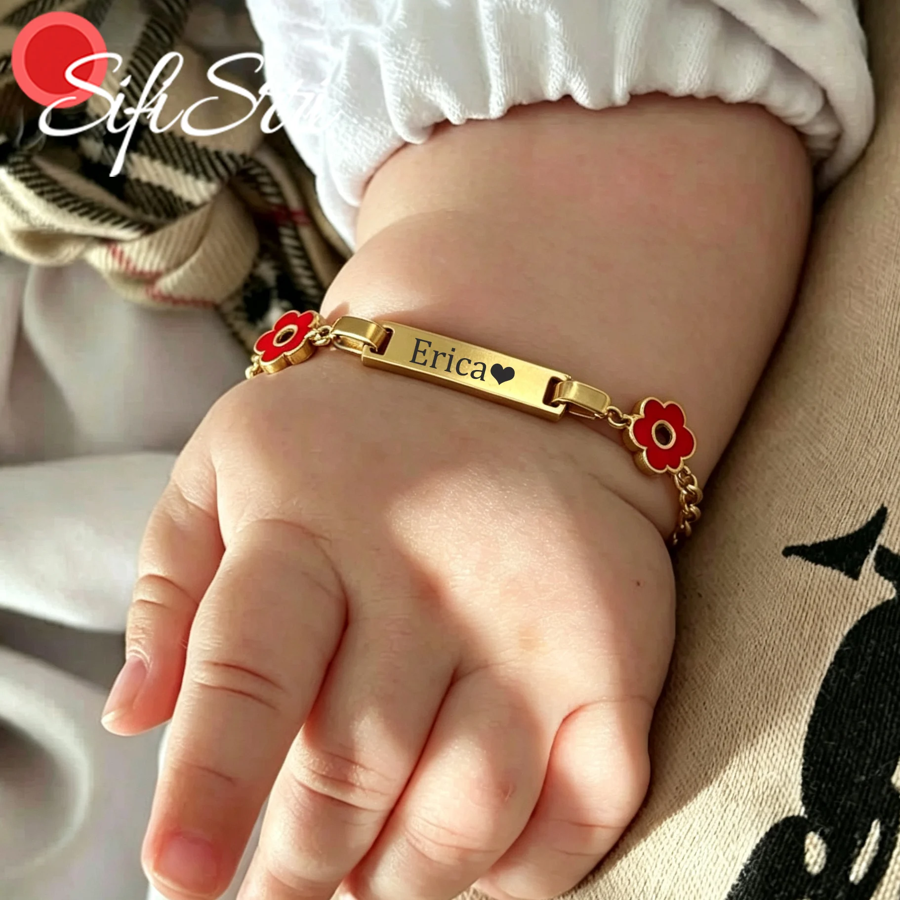 Sifisrri Engrave Name Bracelet For Kids Stainless Steel Jewelry Figaro Chain Color Flower Bar Bangle Personalized Christmas Gift