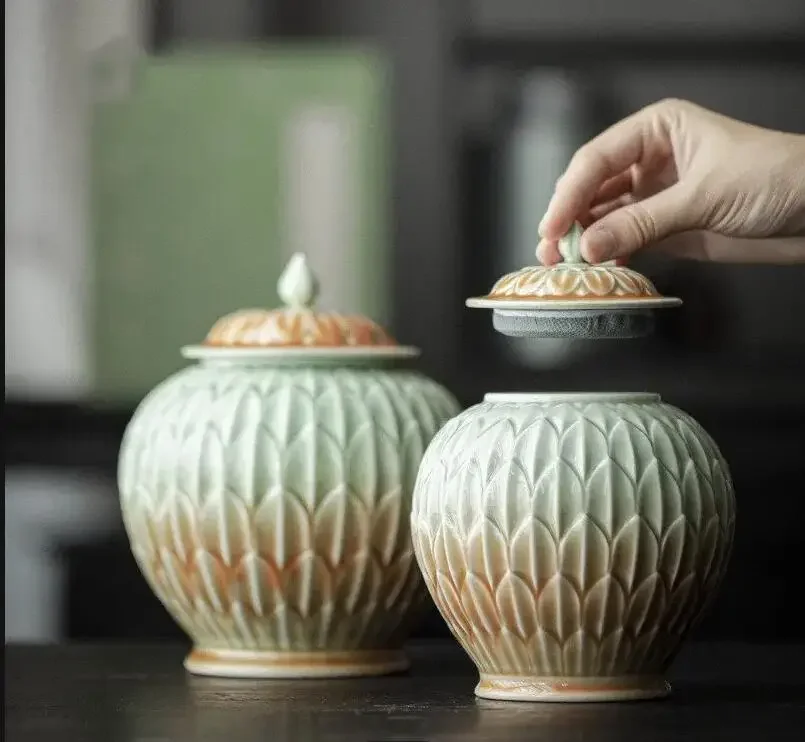 

Рельефная банка Celadon, керамическая банка для конфет, кухонная банка для хранения кофе, чайная банка, китайское украшение для дома, аксессуары для чайной церемонии