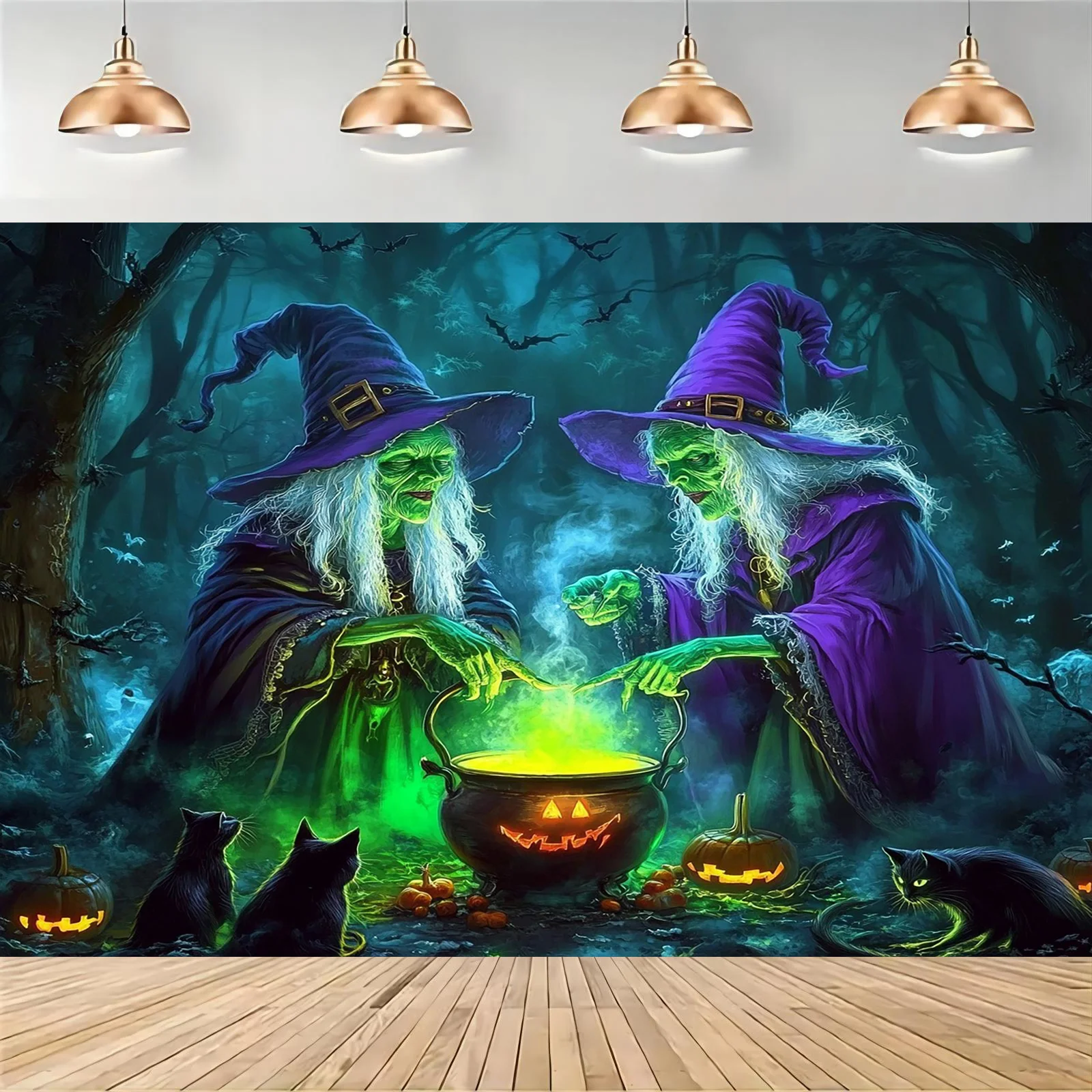 VIKAMA Halloween Magic Academy Wandteppich: Zwillingshexen-Brühtränke mit Kürbissen und Fledermäusen, Halloween-Party-Themendekoration