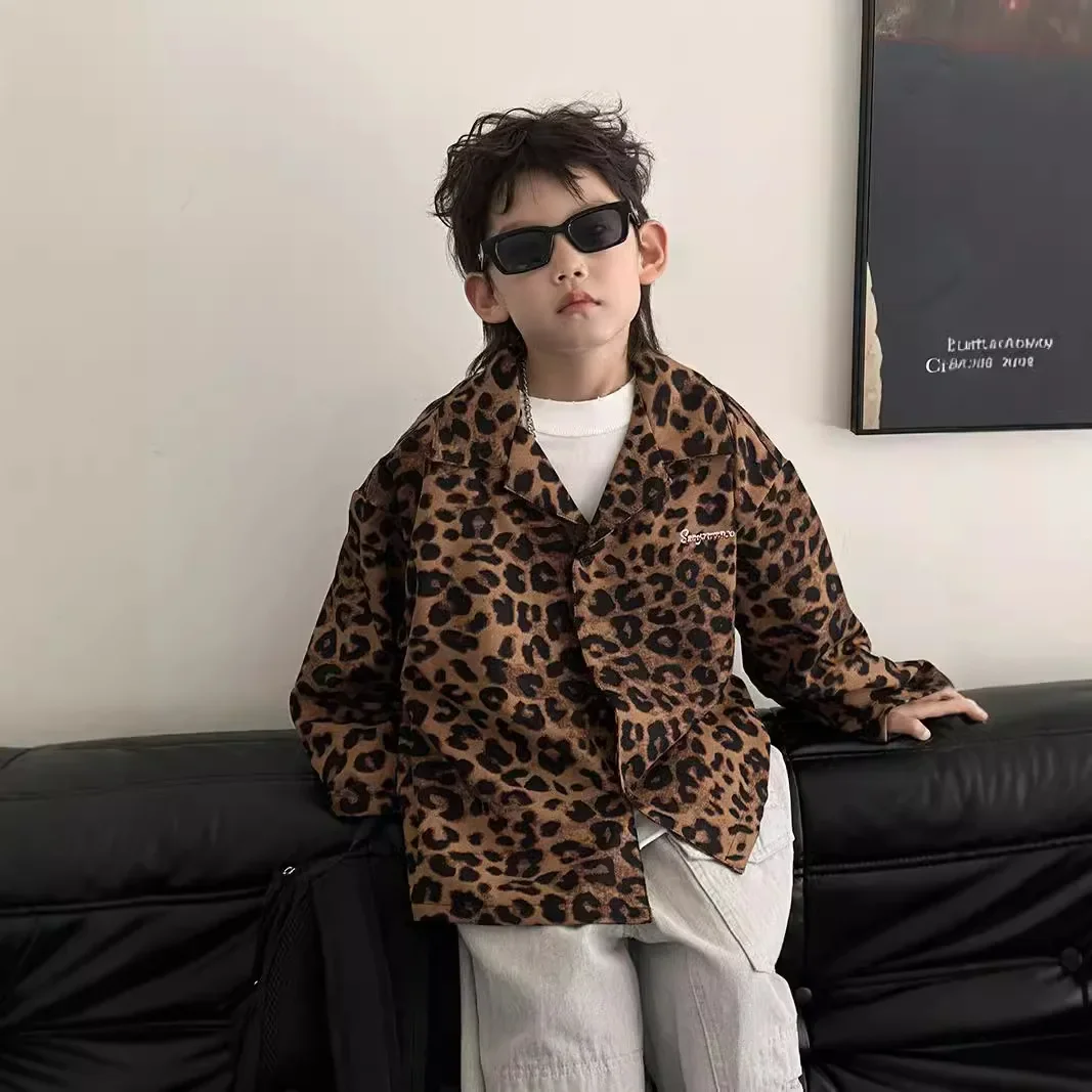 Children Clothing Fashion Casual Personality All Match Shirt 2024 Autumn New Boys Leopard Print Loose Casual Long Sleeved Shirt