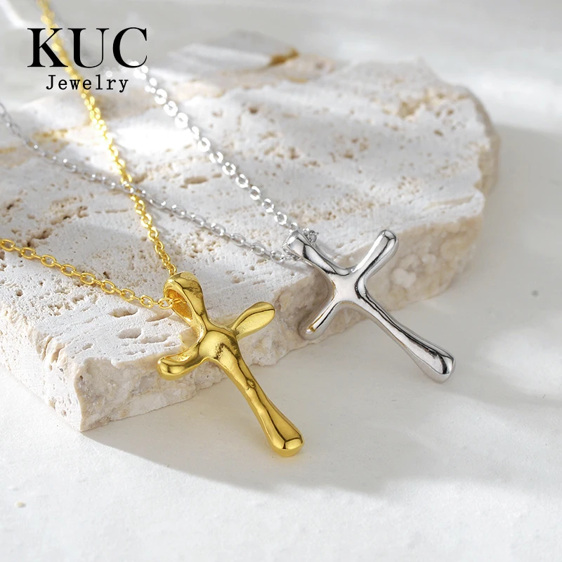 Fashion 925 Sterling Silver Fine Jewelry Vintage Irregular Lava Textured Cross Pendant Necklaces for Women