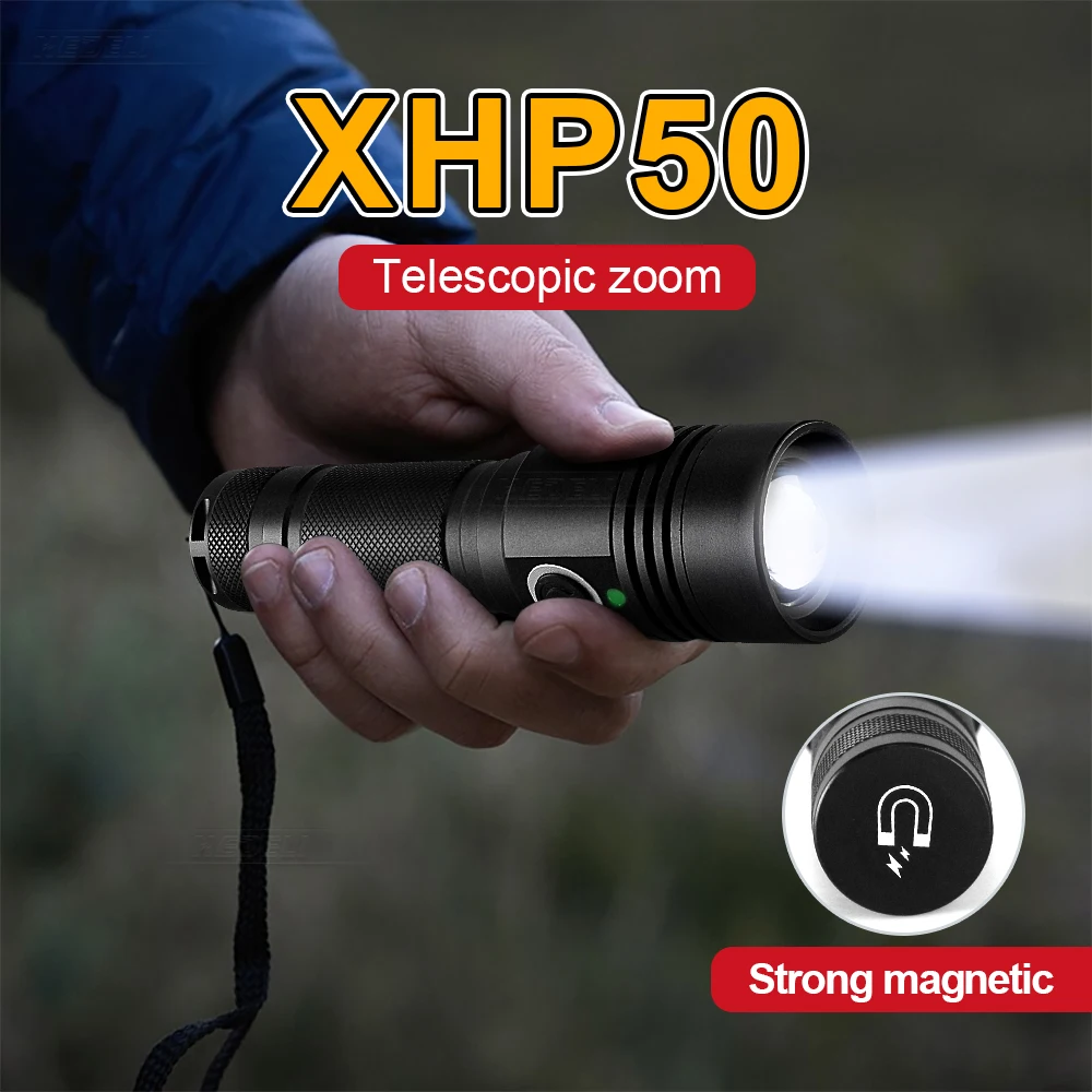 Mini XHP 50 Flashlight Lantern Flashlight Usb Type-C Charging 18650 USB Torch Light Telescopic Zoom Waterproof and Magnet Design