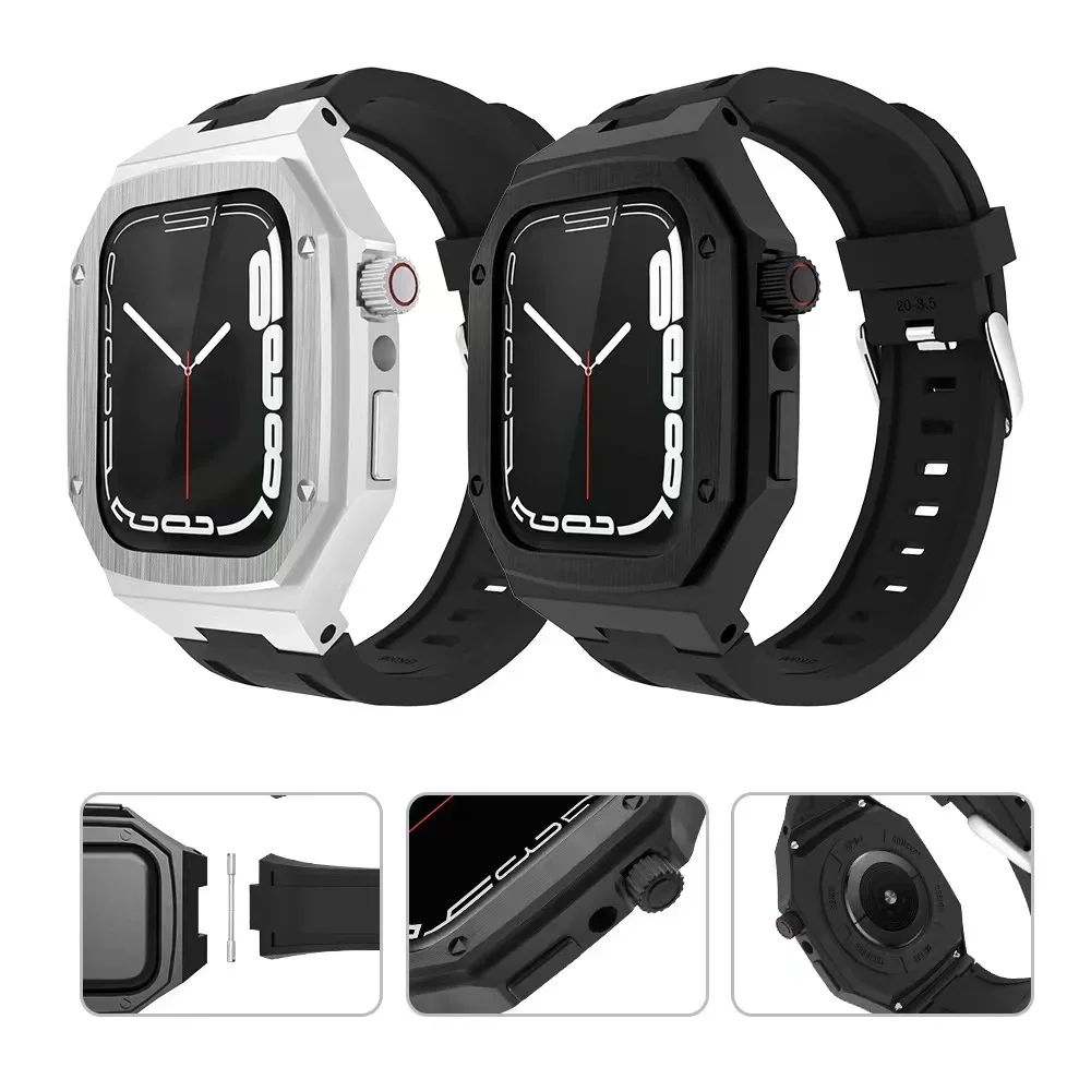 Rubber Modified Strap for Apple Watch 9 8 7 45mm Stainless Steel Integrated Protective Shell  for iWatch 6 5 4 SE 44mm Band Case