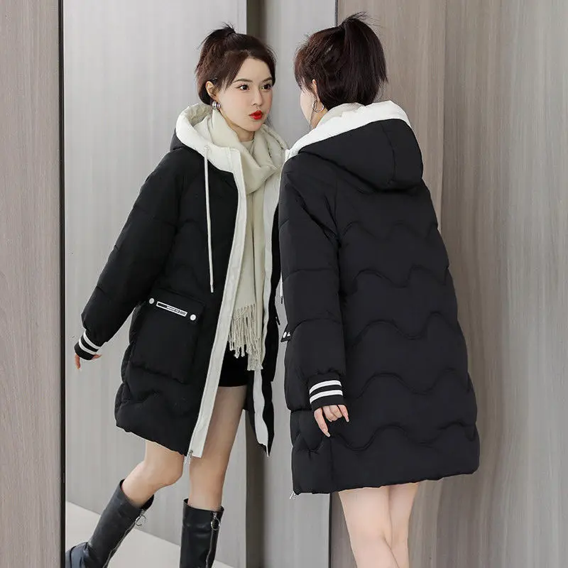 New 2023 Down Cotton Coat Women Mid Length Loose Large Hooded Coat Casual Down Warm Cotton  Thickened Coat Down Cotton Jacket